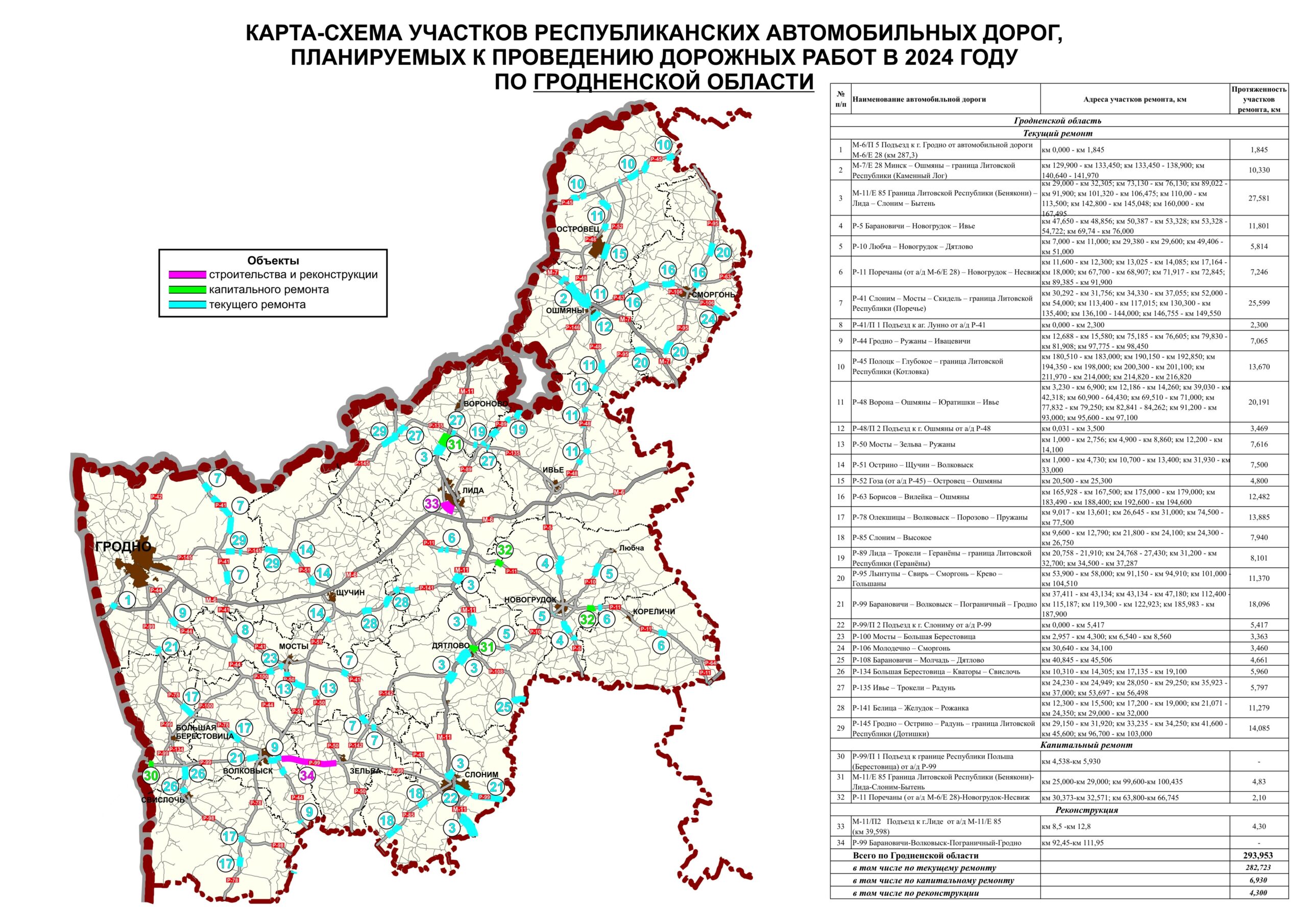 Карта-схемы участков республиканских и местных автомобильных дорог, планируемых к проведению дорожных работ в 2024 году по Гродненской области.